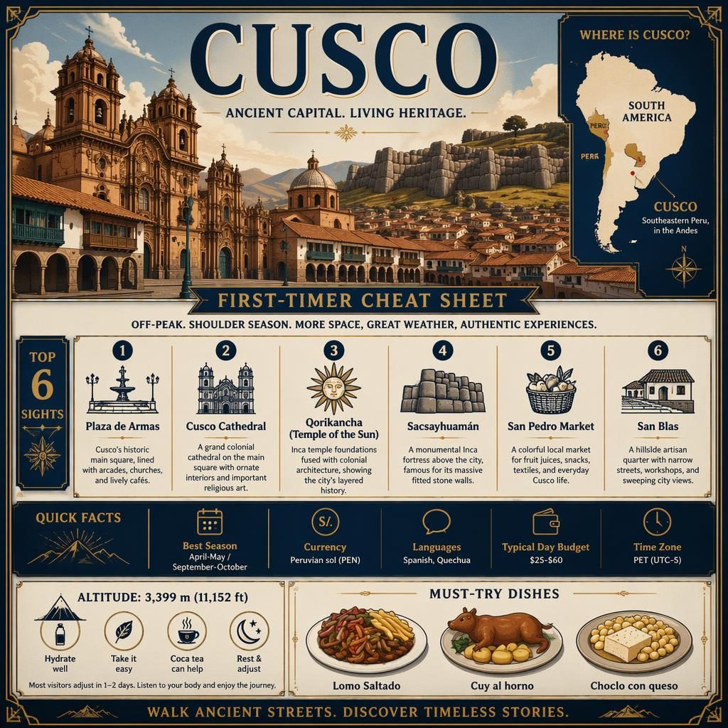 Vintage-style Cusco infographic with skyline, Peru locator map, 6 top sights, quick facts, and must-try dishes.