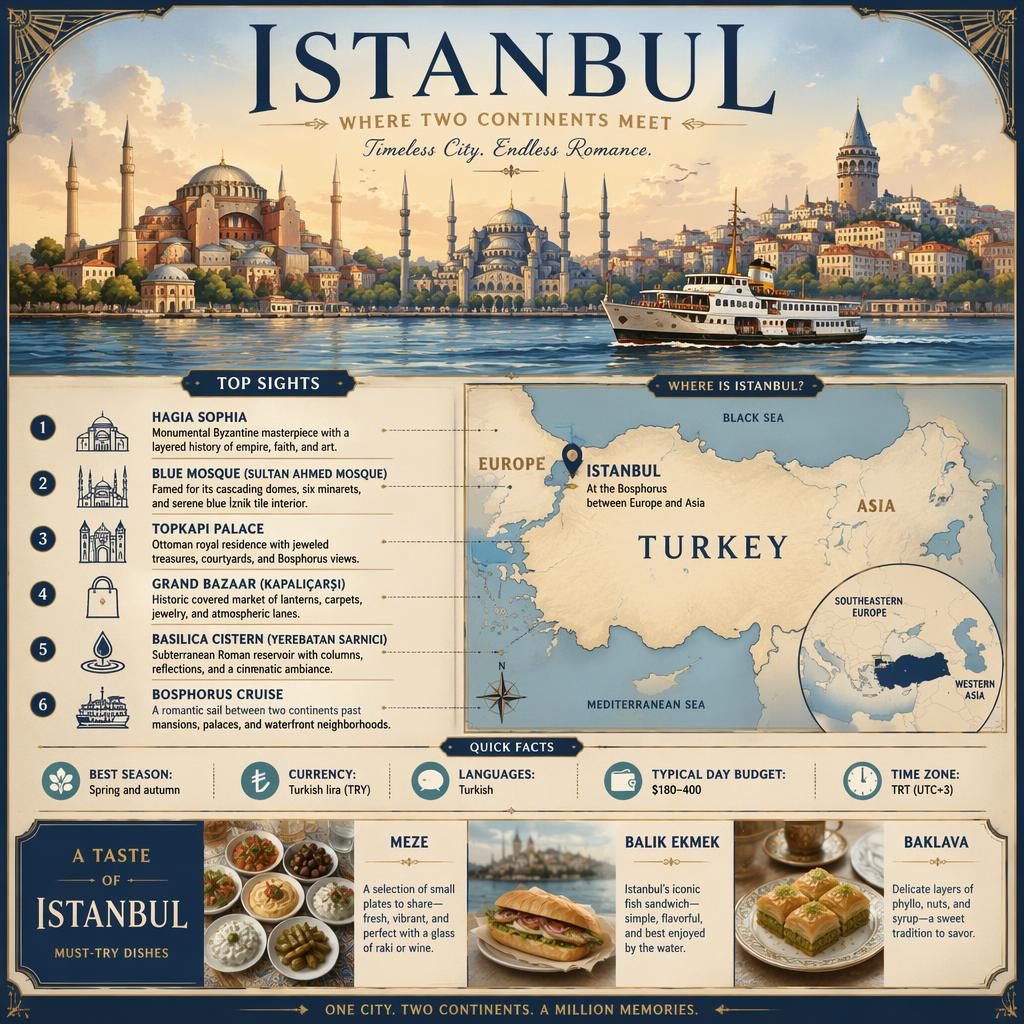 Vintage-style Istanbul travel infographic with skyline, Turkey locator map, 6 sights, quick facts, and culinary panel