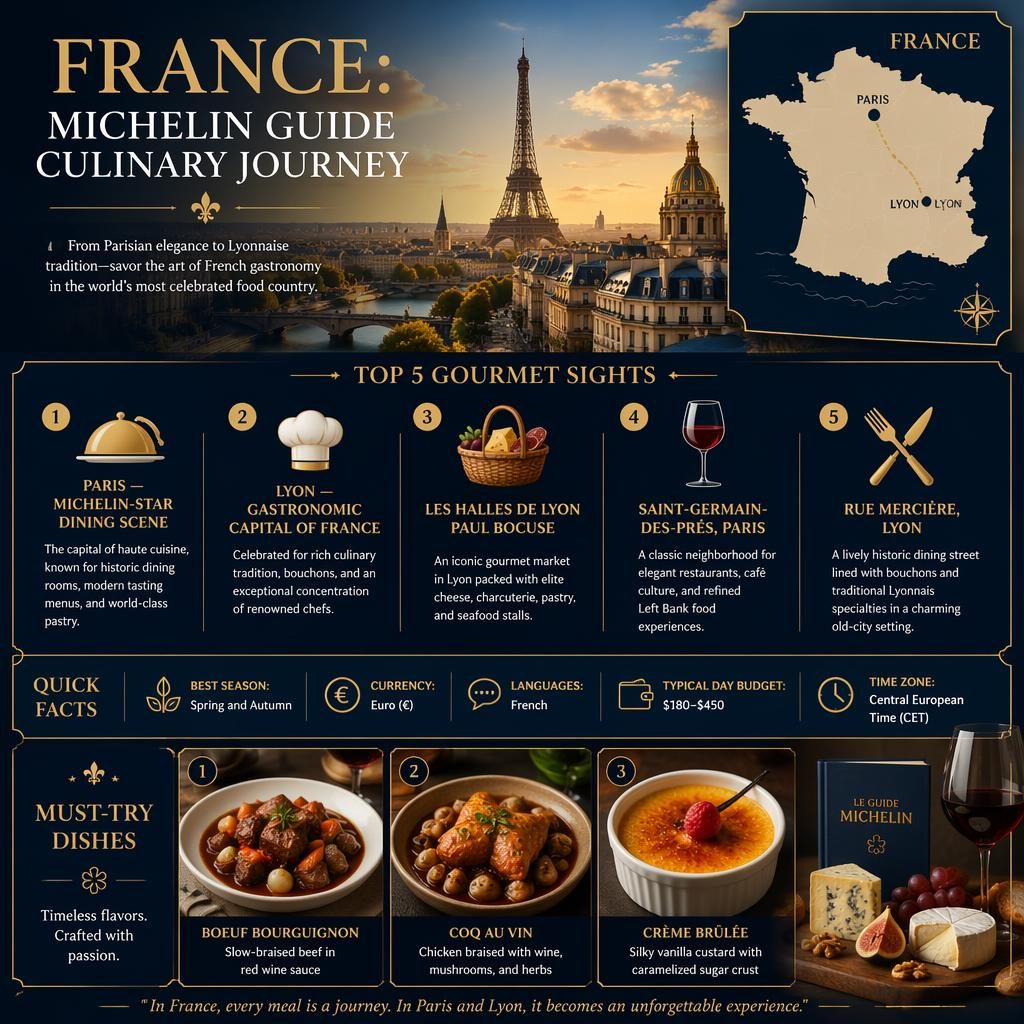 Infográfico de viagem da França com skyline de Paris, mapa com Paris e Lyon, 5 atrações gourmet e pratos clássicos.
