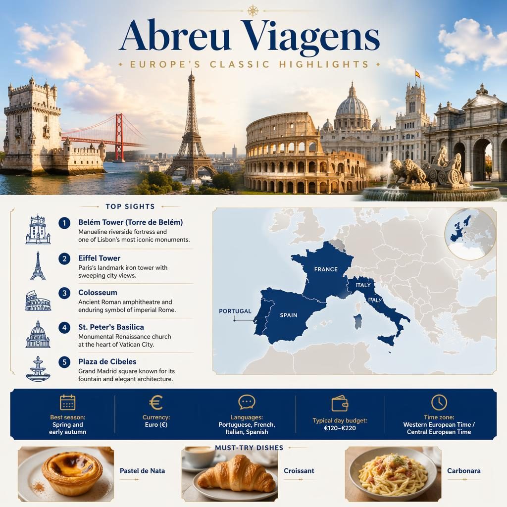 Infográfico de viagem Abreu Viagens com Lisboa, Paris, Roma e Madrid, mapa da Europa, top sights e pratos típicos.