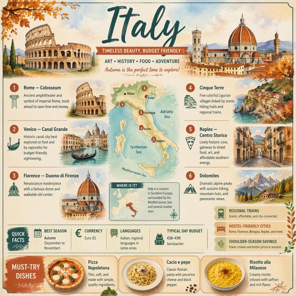 Vertical Italy travel infographic with skyline, Italy map, 6 sight callouts, quick facts, and food picks in watercolor style.