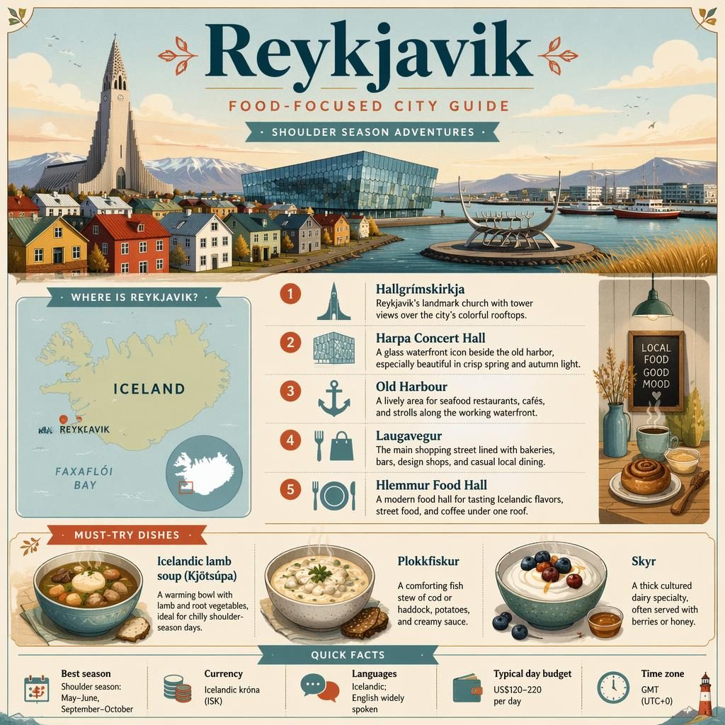 Editorial Reykjavik infographic with skyline, Iceland map, 5 sight callouts, 3 local dishes, and quick travel facts.