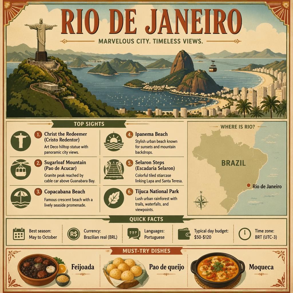 Vintage Rio de Janeiro travel infographic poster with skyline, map of Brazil, 6 sights, quick facts, and local dishes.