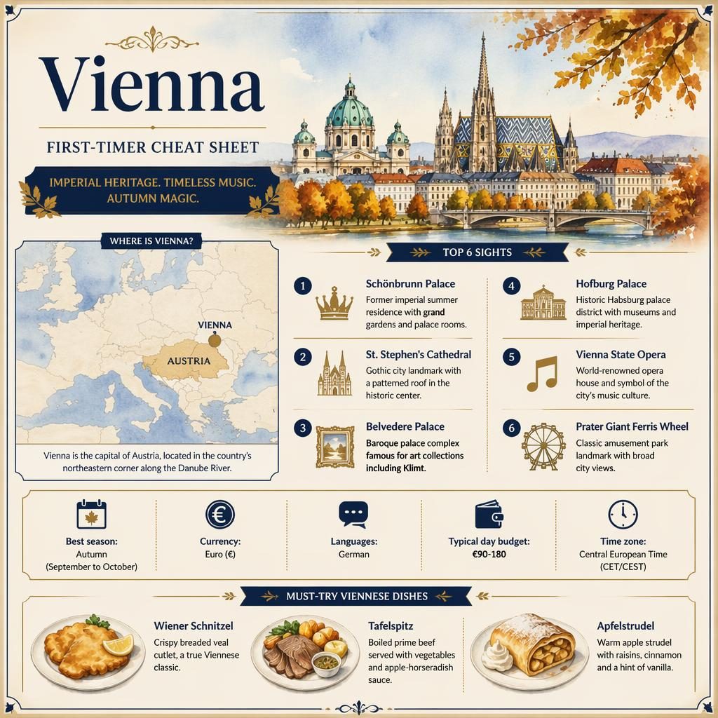 Watercolor travel infographic of Vienna, Austria with skyline, map inset, 6 sight callouts, quick facts, and local dishes.