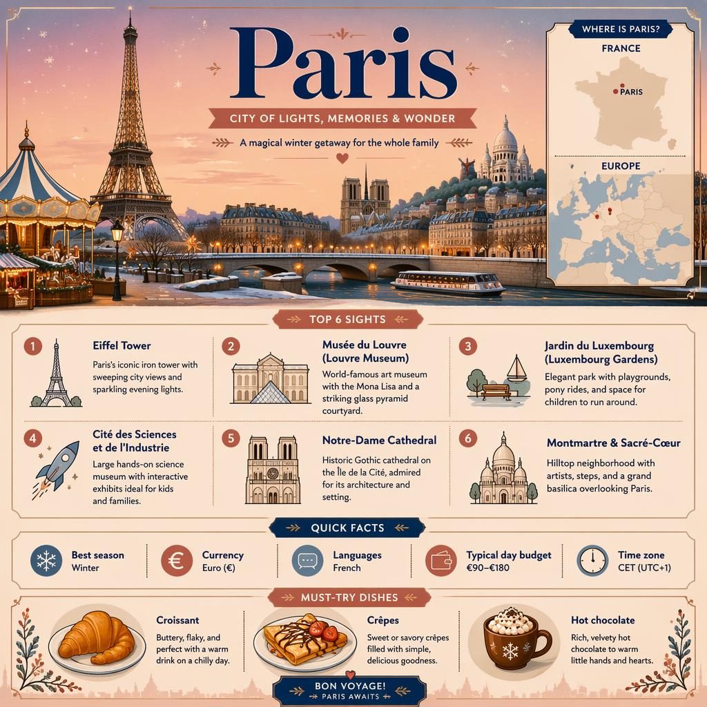 Infografía vectorial de París en invierno con Torre Eiffel, mapa, 6 atracciones, platos típicos y datos rápidos.