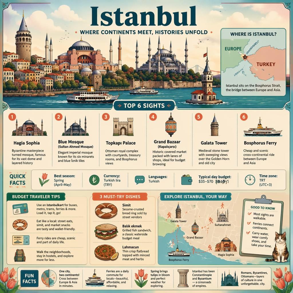 Editorial Istanbul infographic with skyline, Bosphorus map, top sights, food icons, quick facts, and budget travel cues.