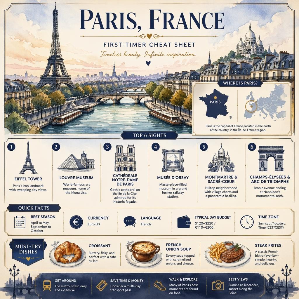 Watercolor Paris, France infographic with Eiffel Tower skyline, France and Europe locator map, 6 top sights, facts, and dishes.