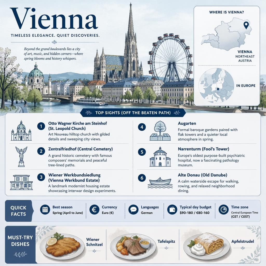 Editorial Vienna destination infographic with skyline, Austria map, 6 top sights, quick facts, and local dishes.