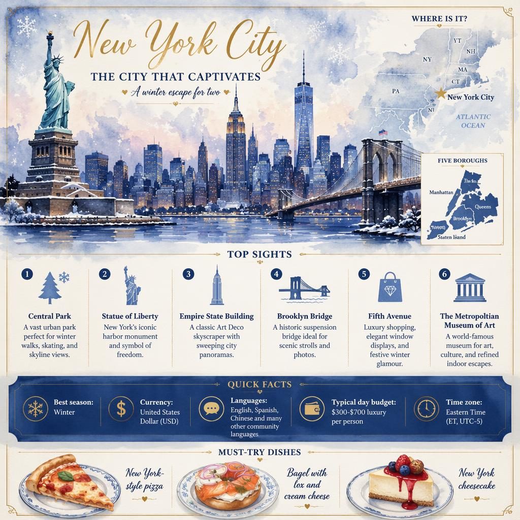 Watercolor New York City travel infographic with winter skyline, top sights, mini map, quick facts, and local dishes.