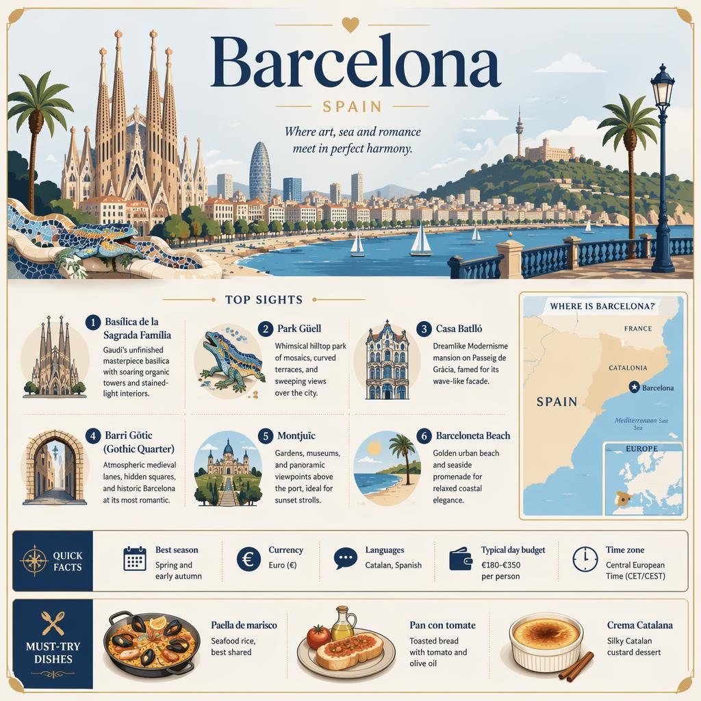 Luxury Barcelona destination guide infographic with skyline, map of Spain, 6 sights, quick facts, and Catalan dishes.