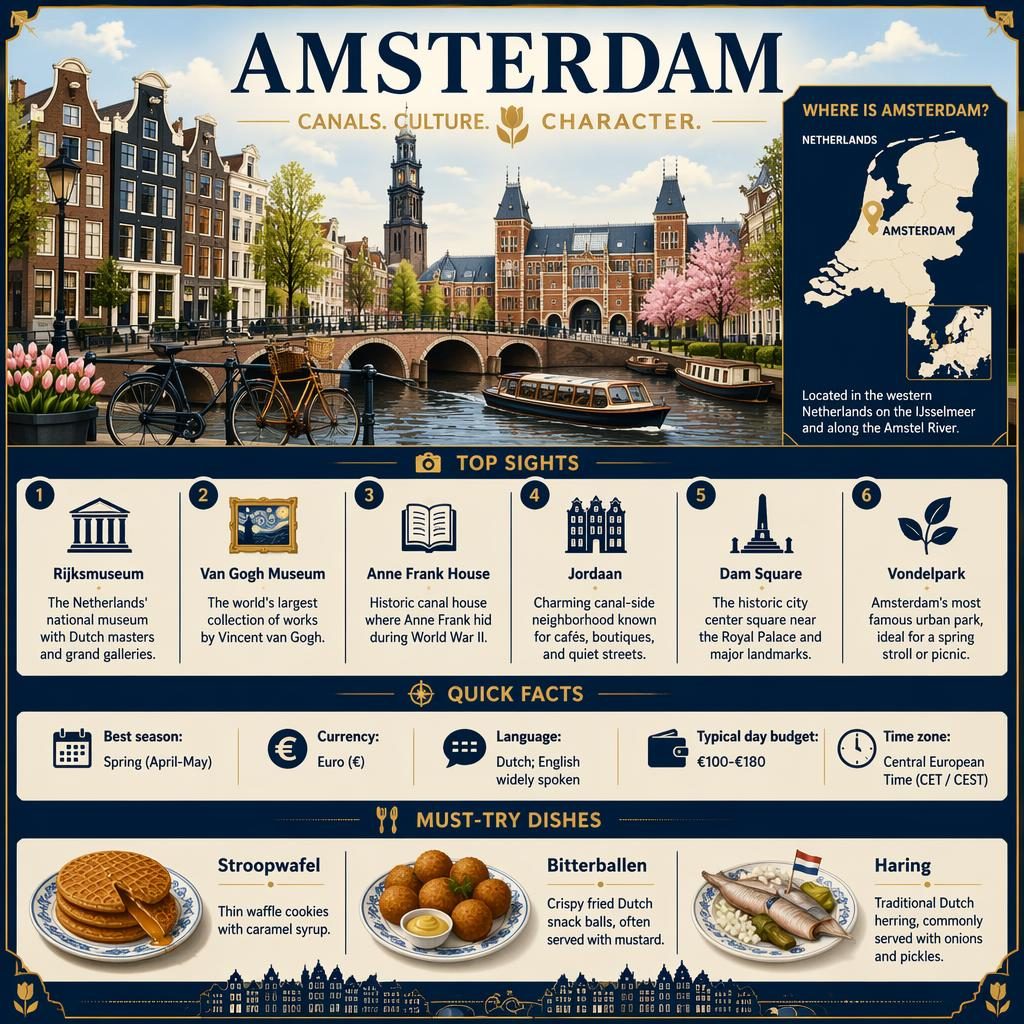 Editorial Amsterdam infographic with skyline, canal houses, map, 6 top sights, quick facts, and Dutch food icons.