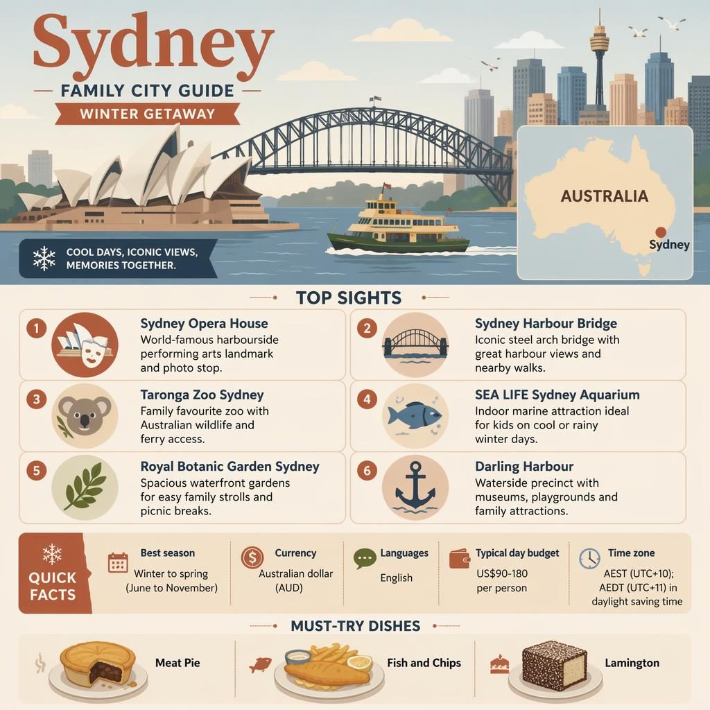 Sydney travel infographic with Opera House, Harbour Bridge, map of Australia, 6 sights, quick facts, and food icons.