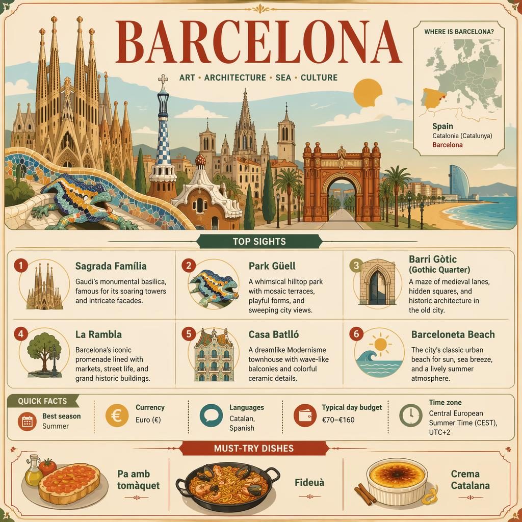 Barcelona travel infographic with skyline, map of Spain in Europe, 6 top sights, quick facts, and Catalan dishes.