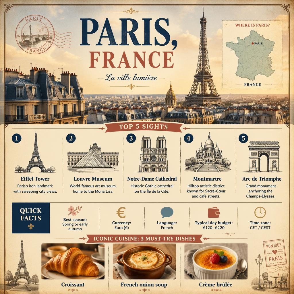 Vintage-Reiseinfografik zu Paris mit Eiffelturm, Skyline, Frankreich-Karte, 5 Sehenswürdigkeiten, Faktenleiste und Küche.