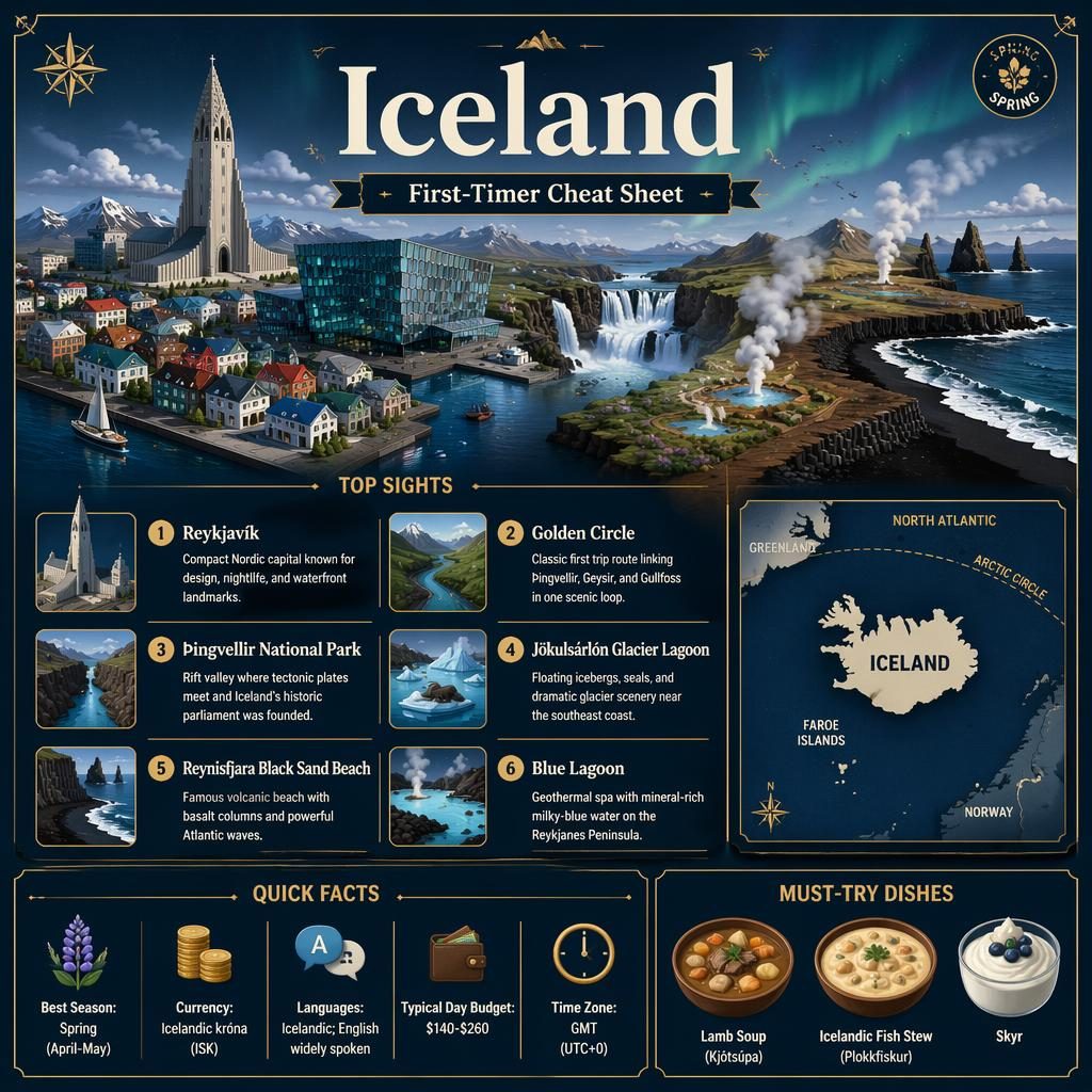 Isometric Iceland tourism infographic poster with Reykjavik skyline, map, 6 top sights, quick facts, and dishes.