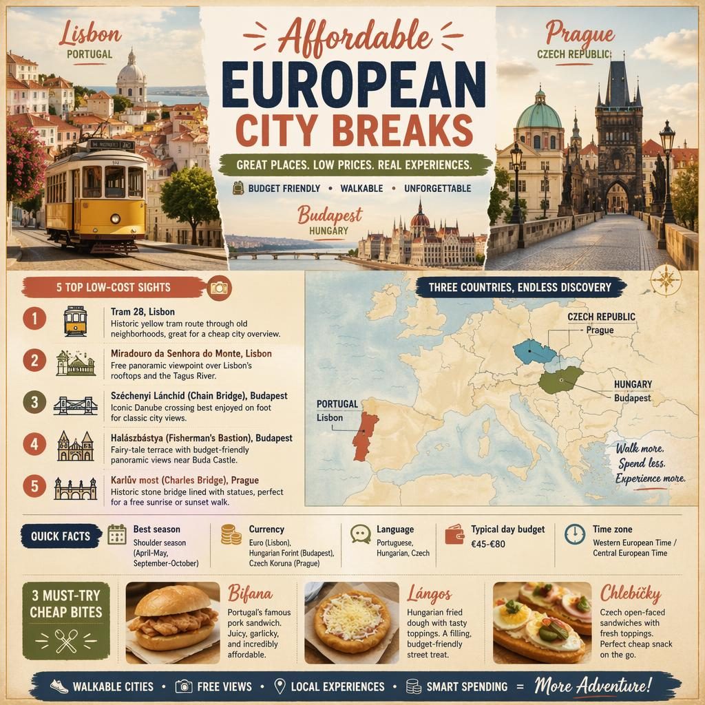 Infográfico editorial com Lisboa, Budapeste e Praga, mapa da Europa, 5 atrações económicas e factos rápidos de viagem.