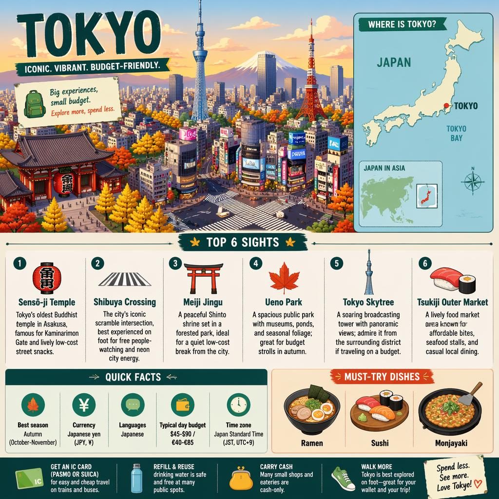 Isometric Tokyo travel facts infographic with skyline, map of Japan, 6 top sights, quick facts, and food icons.