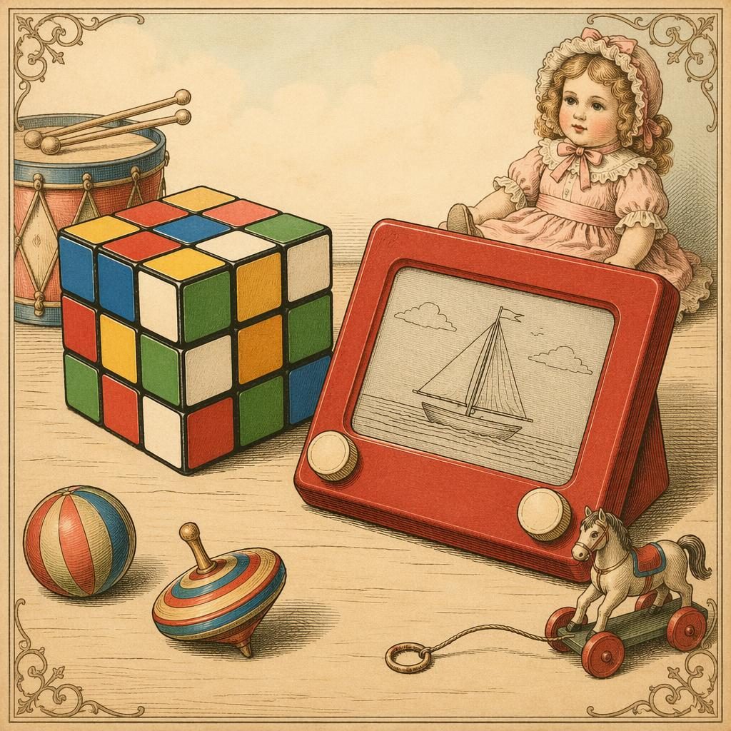 Vintage-style illustration of a cube puzzle and sketch tablet in an 1880s Victorian flat print with soft pastel colors.