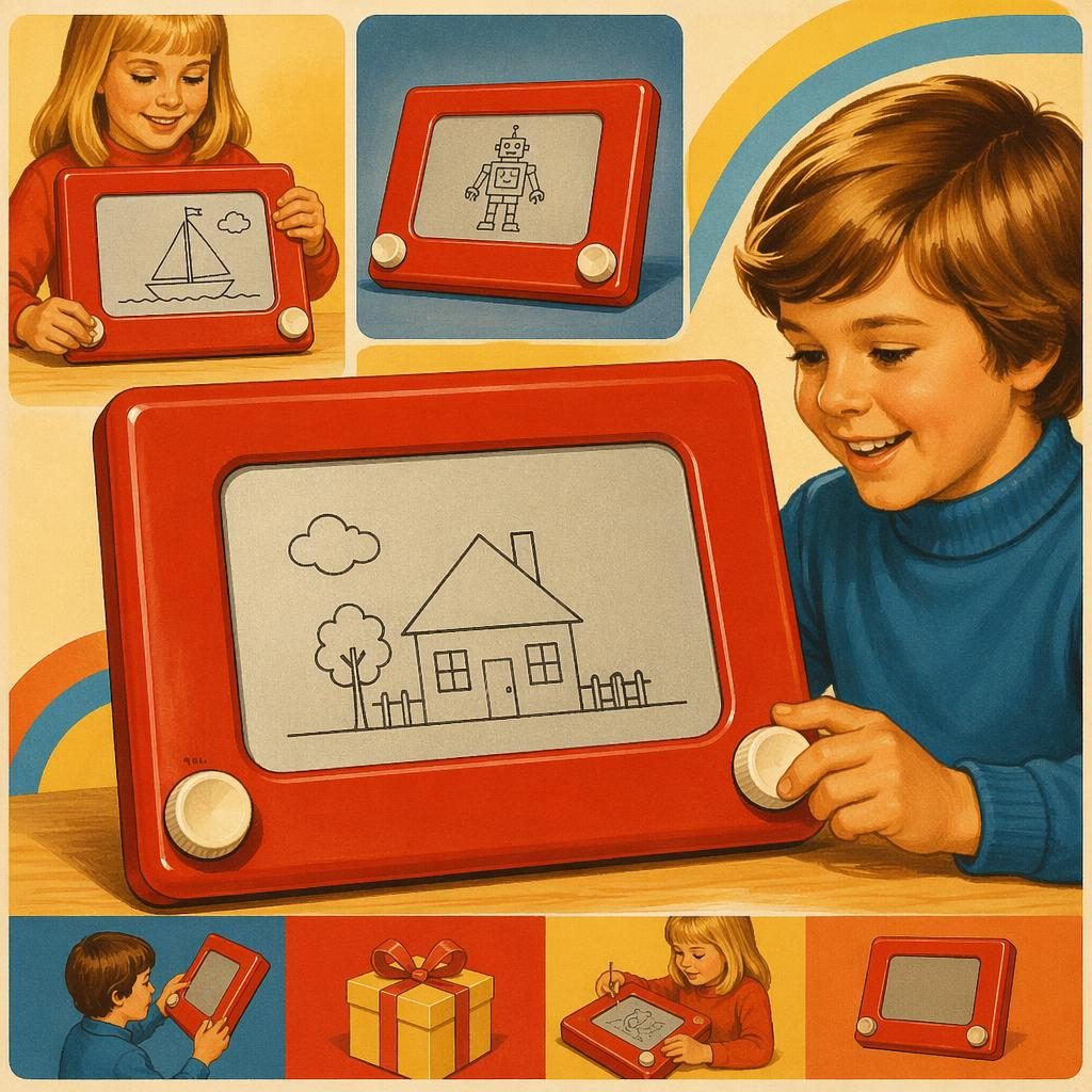 Illustrated vintage drawing toy inspired by an etch-a-sketch, shown in a warm 1970s catalog style with playful primary colors.