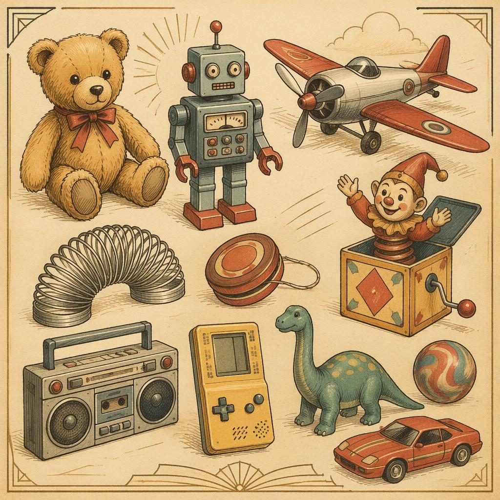 Vintage toy illustration with generic 90s-style toys in an Art Deco sketchnote style, warm cream palette, and nursery feel.