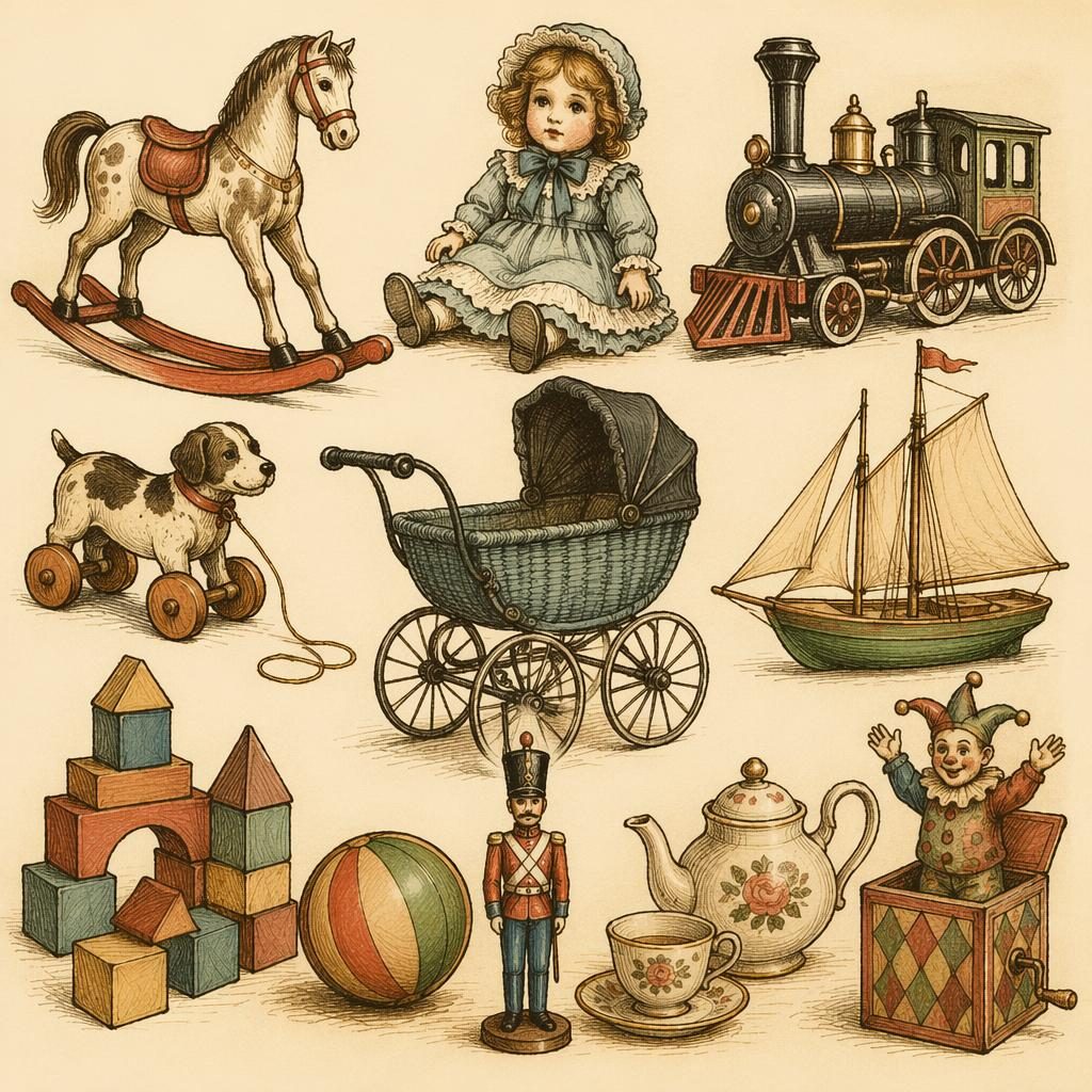 Vintage ilustrace historických hraček v duchu viktoriánských 80. let 19. století v teplé krémové paletě.