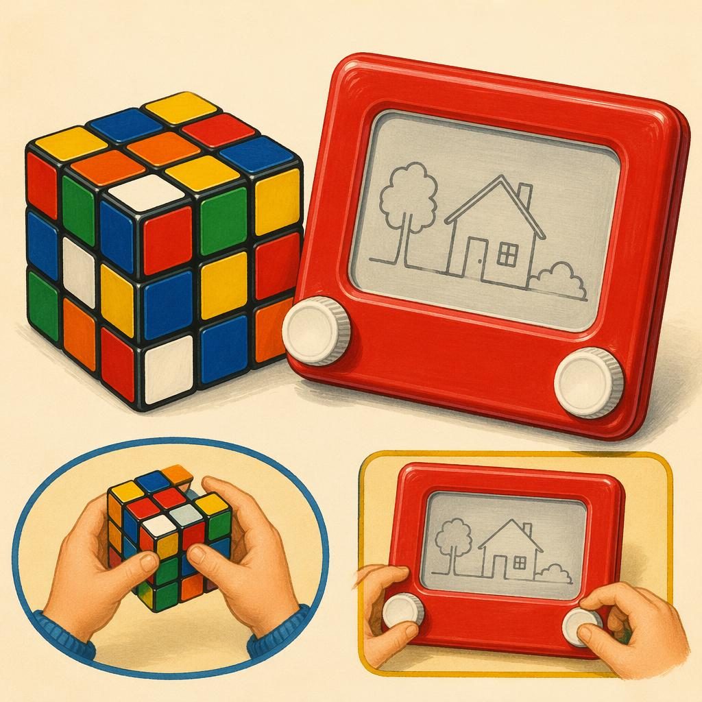 Vintage toy illustration of: rubik's cube etch a sketch. Era: timeless heirloom, illustrated catalog style, primary play