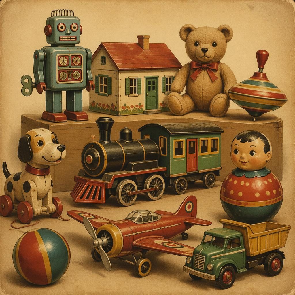 Vintage ilustrace retro hraček v estetice 60. let, s plechovým tiskem, sepiovou paletou a jemnou dětskou kompozicí.