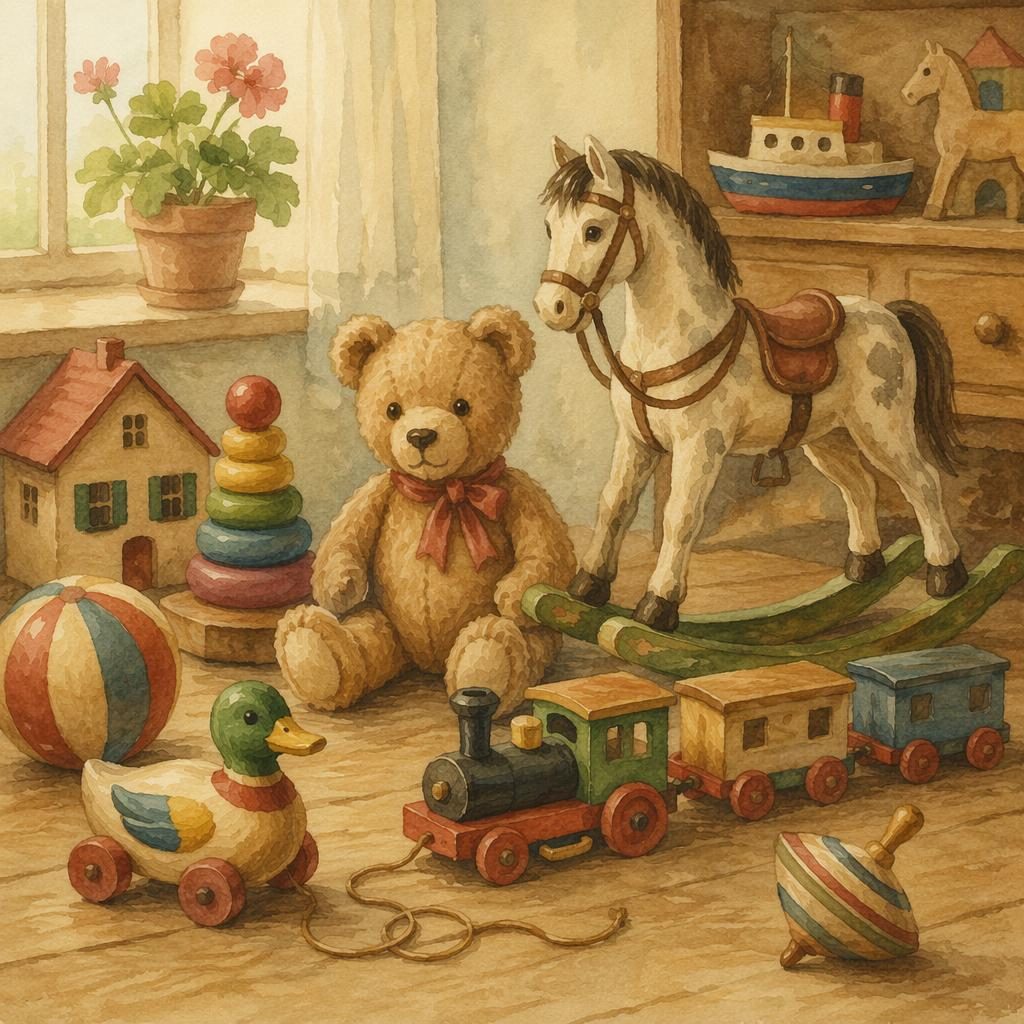 Vintage-Aquarellillustration mit nostalgischem spielzeug in sanften Erdtönen, kindlich und liebevoll komponiert