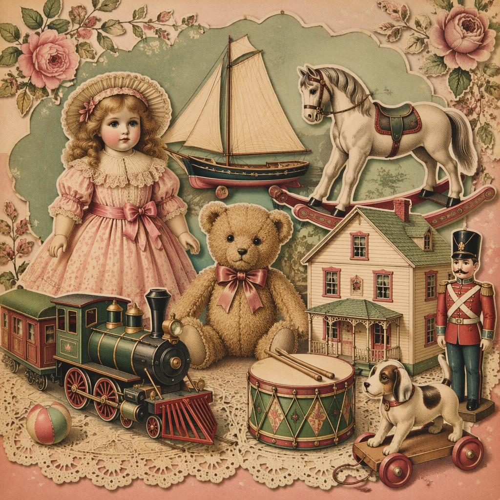 Victorian 1880s toy illustration with generic nostalgic toys in sage and rose paper-cut collage style