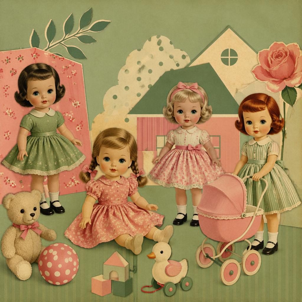 Vintage toy illustration of generic nostalgia dolls in a 1960s paper-cut collage style with sage and rose tones.