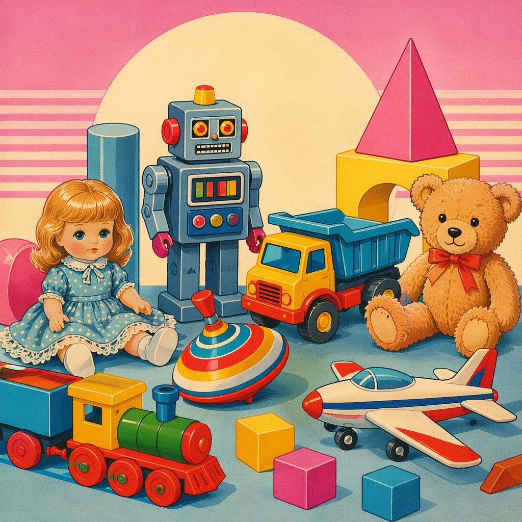 Vintage ilustrace retro hraček v neonovém stylu 80. let, s pastelovými barvami a jednoduchými tvary