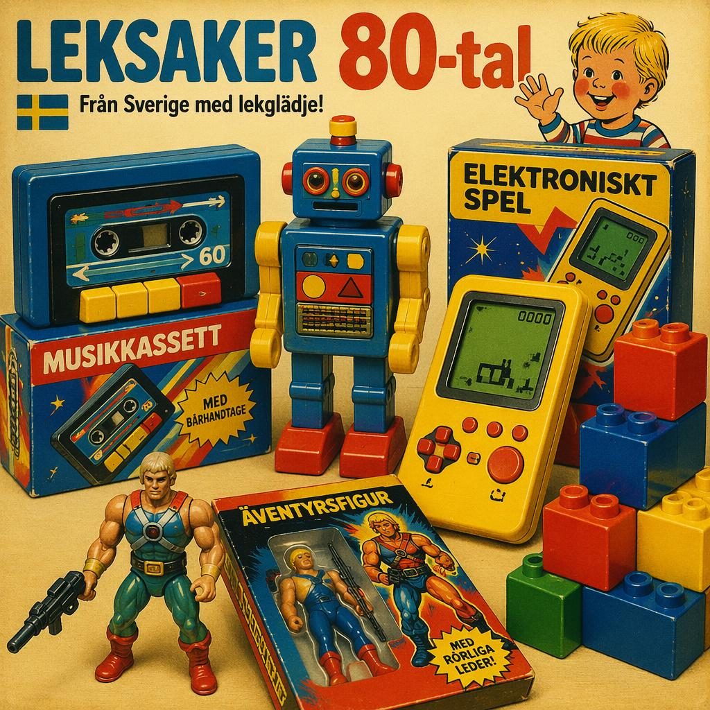 Vintageillustration av leksaker 80 tal med kassettleksak, plastrobot, handspel, actionfigur och stapelklossar.