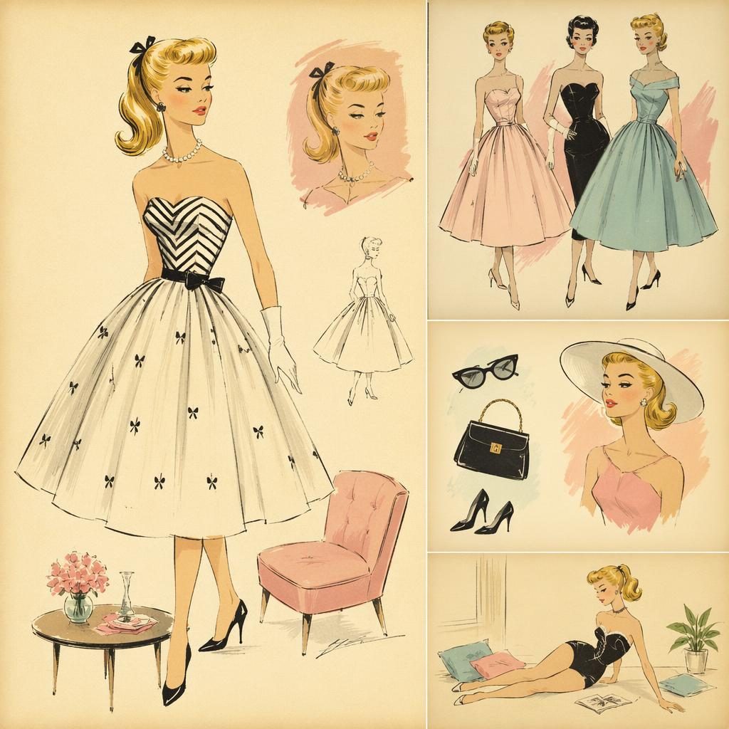 1950s-style vintage toy illustration with generic doll art prints, warm cream tones, sketchnote details, and nursery decor vibe