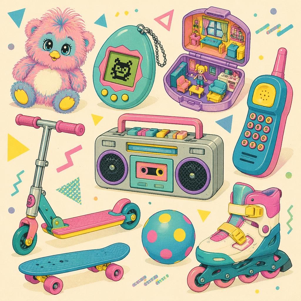 Vintage toy illustration with generic 2000s-inspired toys, pastel neon colors, flat retro print style, and charming nursery layout.