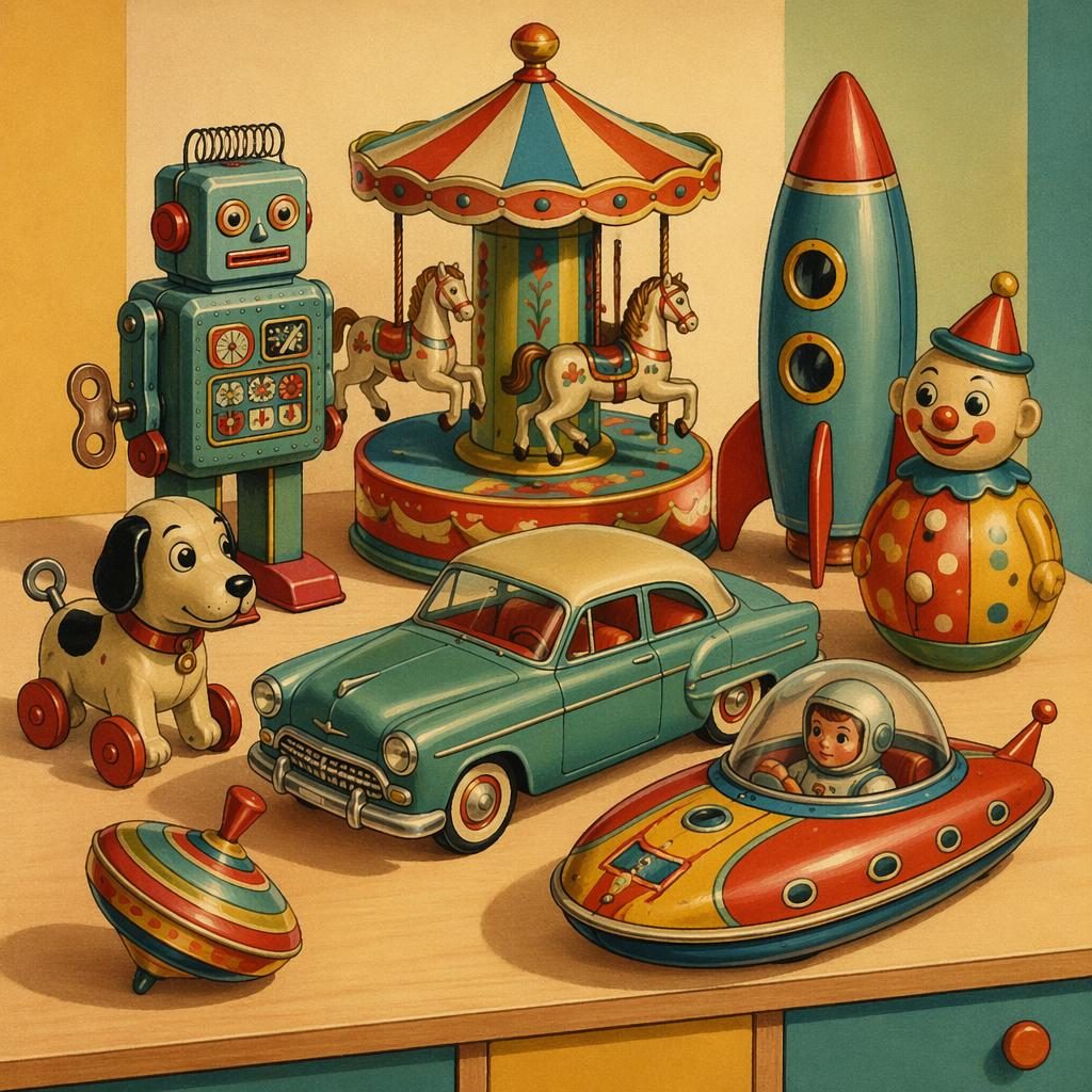 Vintage-Illustration mit nostalgischem Blechspielzeug in Pastellfarben, flachem 70er-Retrostil und kindlicher Komposition