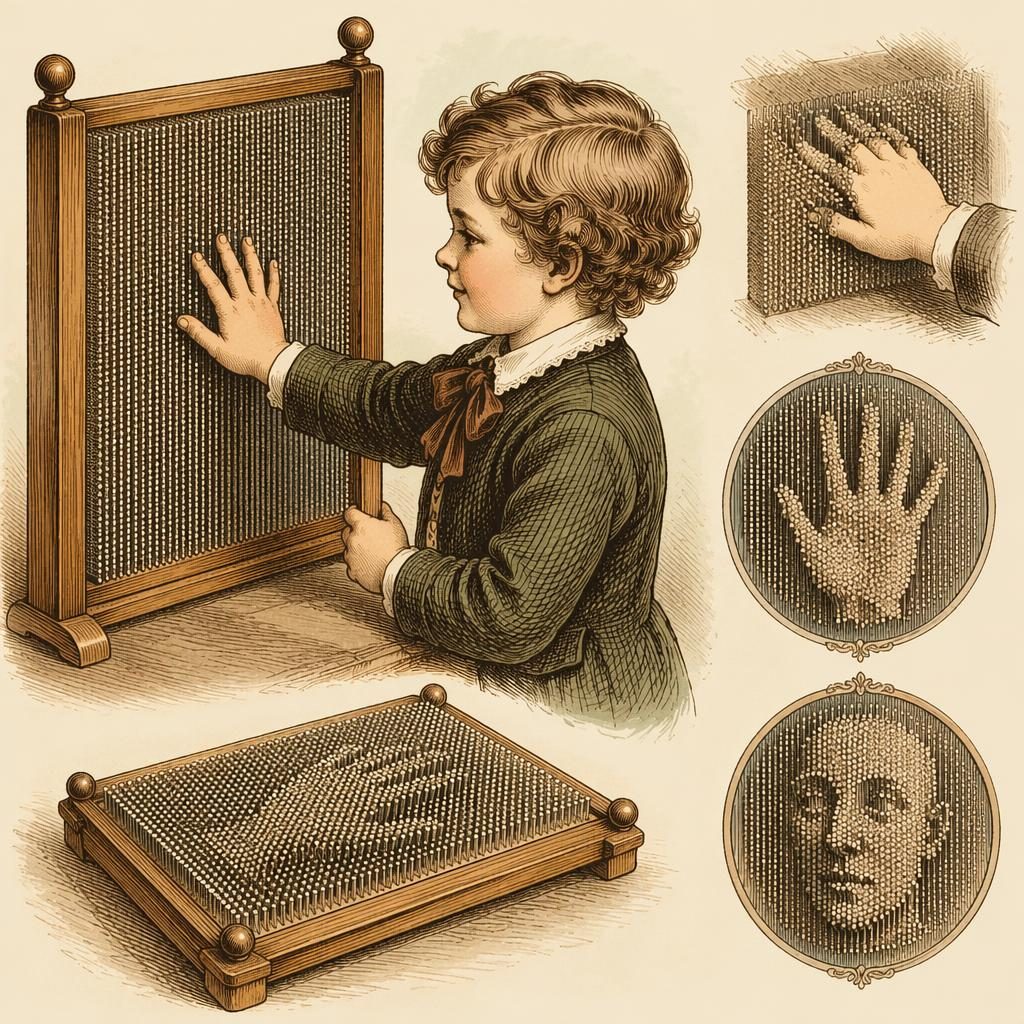 Victorian 1880s sketchnote illustration of a classic pin art toy in warm cream tones with a charming nursery feel