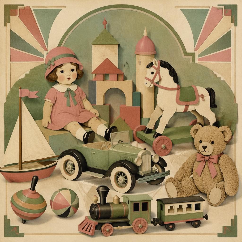 Vintage ilustrace historických hraček v art deco stylu, papírová koláž v šalvějové a růžové paletě.
