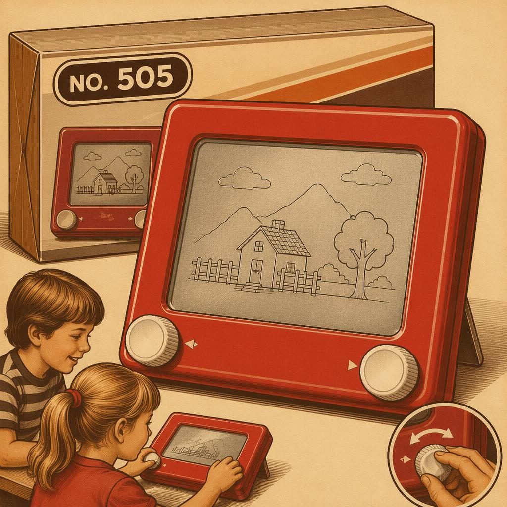 Vintage toy illustration of a generic no 505 etch a sketch in sepia tones with 1980s neon accents and tin-print styling.