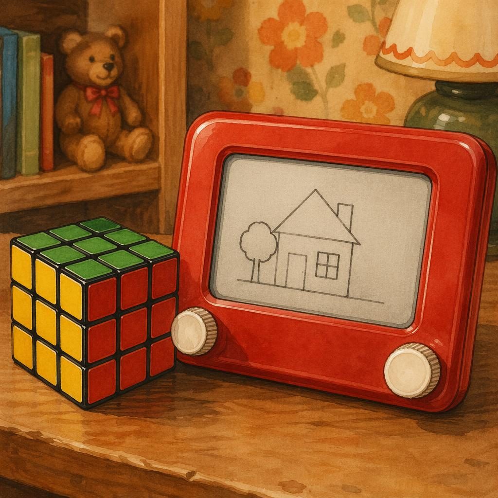 Vintage-style watercolor illustration of a colorful cube puzzle beside a classic drawing tablet in a cozy 1970s nursery scene.