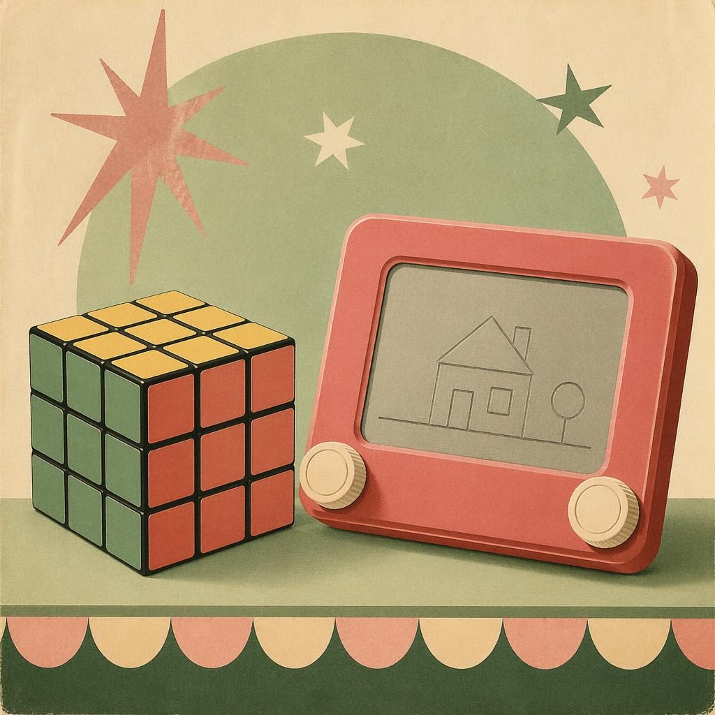 Vintage-style paper-cut illustration of a colorful cube toy and drawing tablet in sage and rose nursery tones