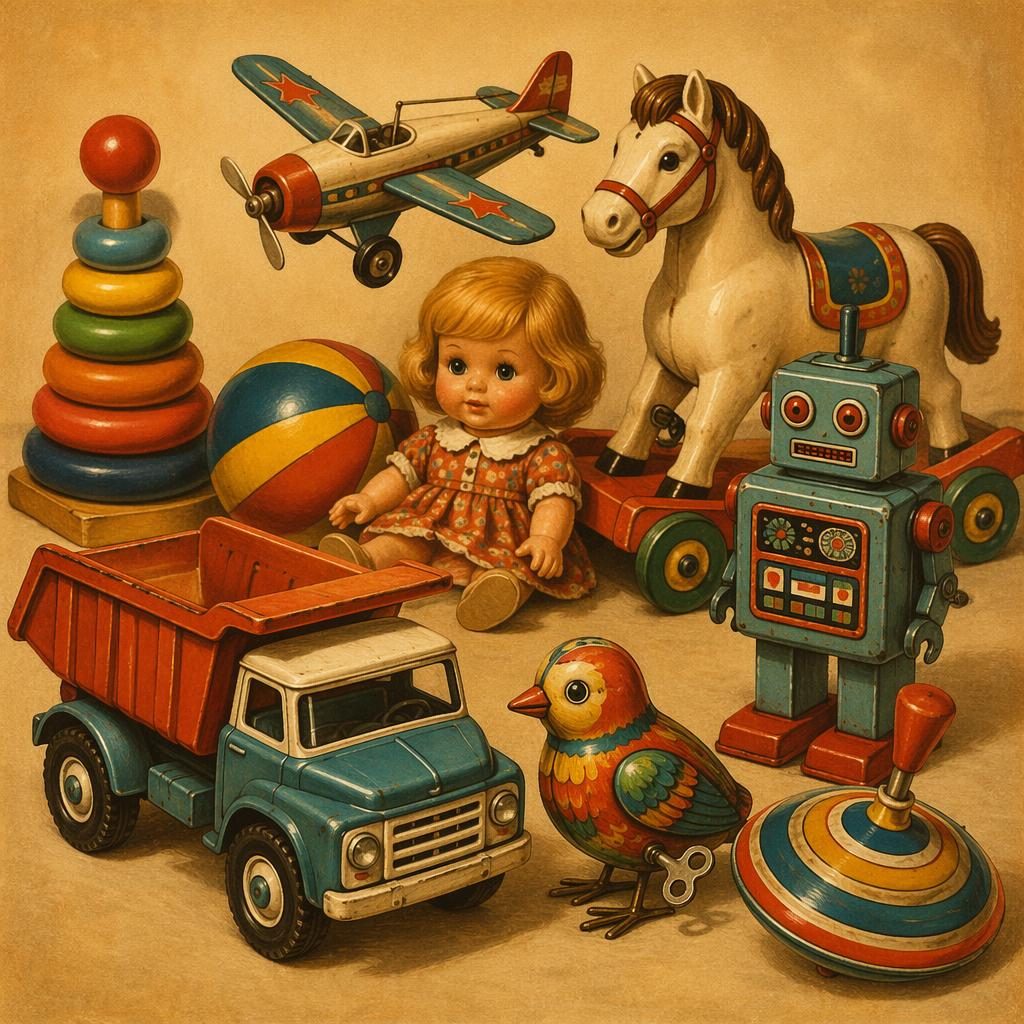 Vintage ilustrace retro hraček v teplém stylu 70. let, sepiová paleta a jednoduchá dětská kompozice