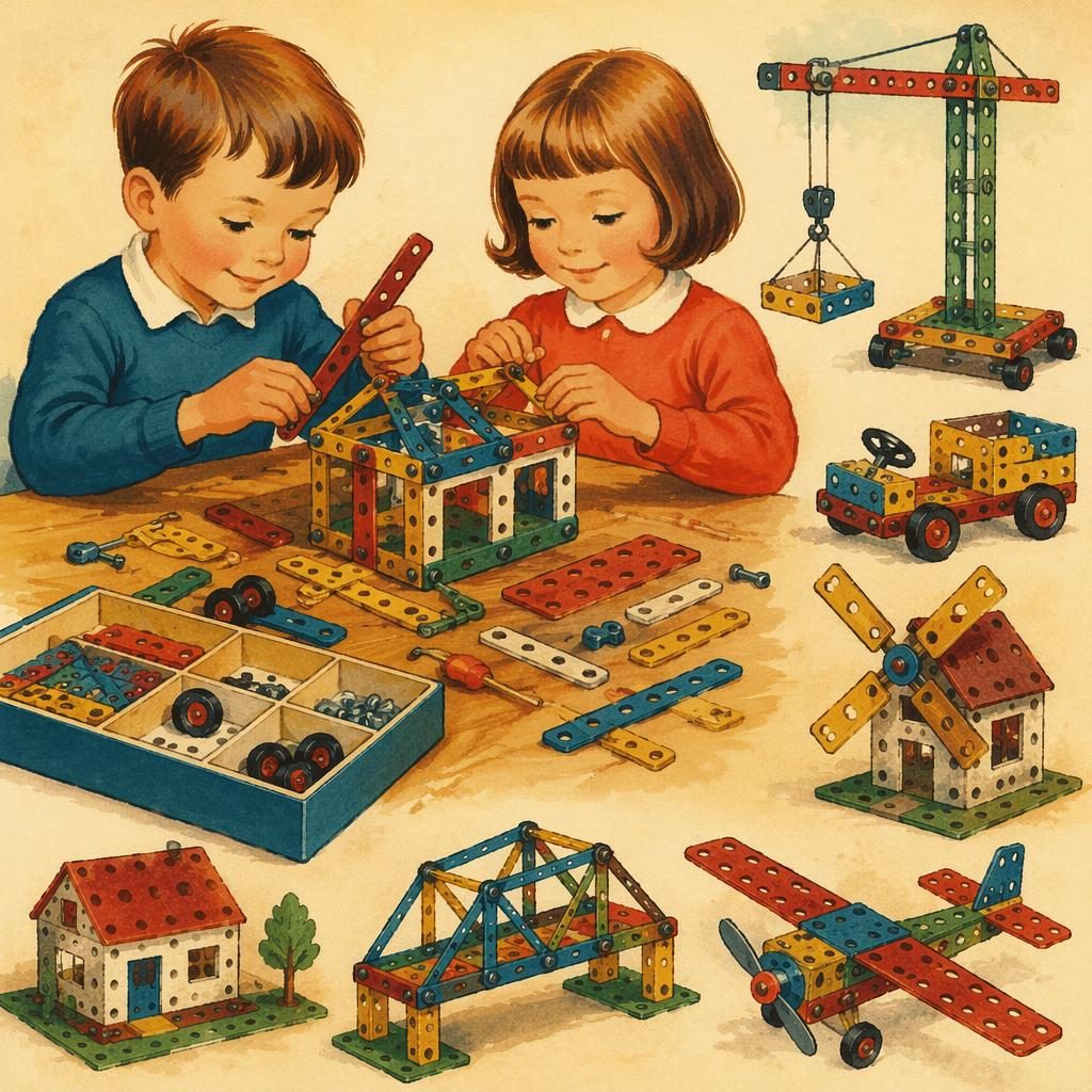 Vintage ilustrace retro stavebnice z dřevěných dílků v tlumených zemitých barvách, v útulném akvarelovém stylu.