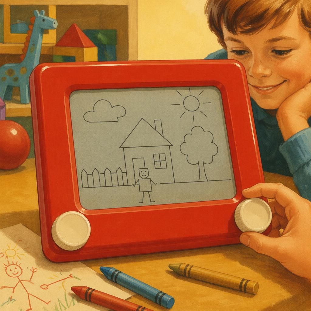 Vintage 1970s-style illustration of a generic doodle drawing toy with warm colors and a playful nursery catalog look