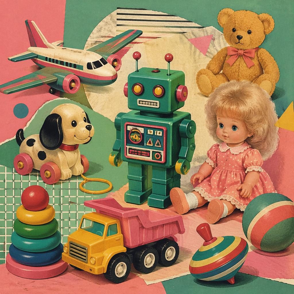 Vintage ilustrace retro hraček v neonové papírové koláži, v odstínech šalvějové a růžové, s jemnou dětskou kompozicí