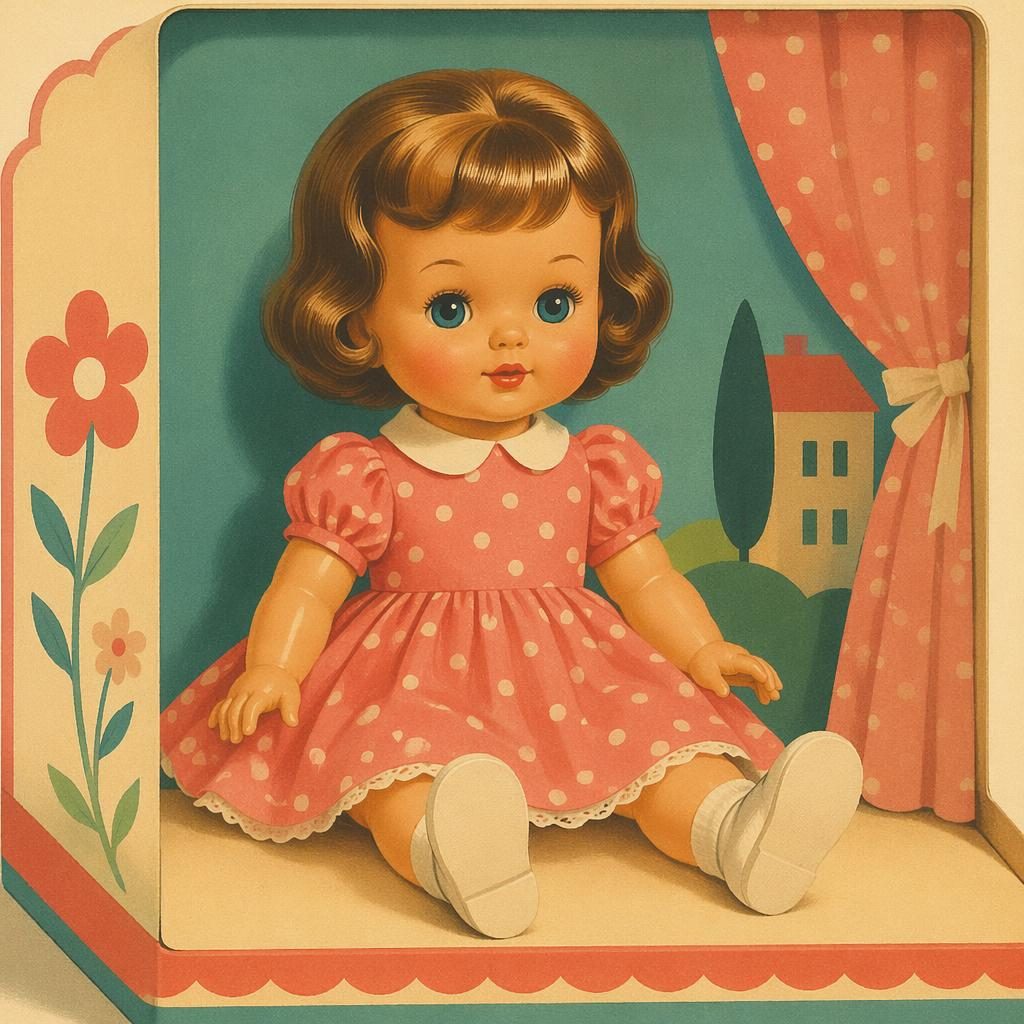 Vintage ilustrace retro panenky v pastelových barvách, plochý tiskový styl 60. let, jemná a nostalgická kompozice