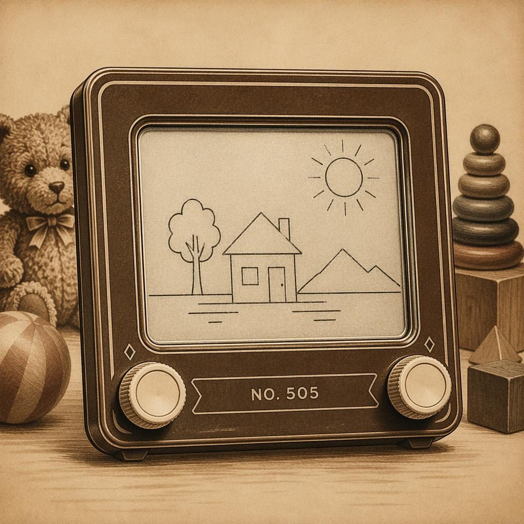 Sepia vintage toy illustration of a generic no 505 etch a sketch with a tin-print heirloom look on a nursery-style background.