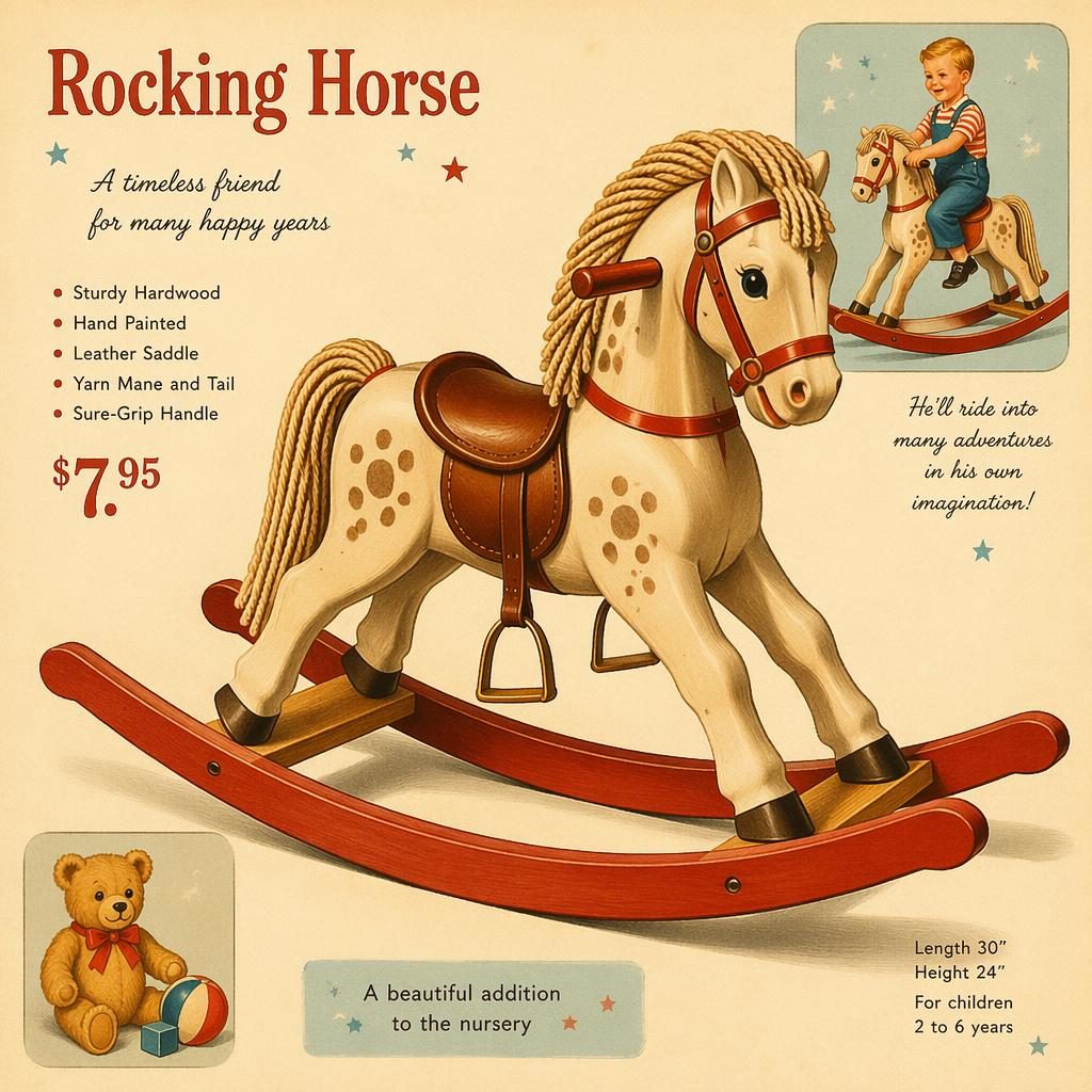 Vintage-style illustration of a wooden rocking horse with a leather saddle and rope mane in a warm cream palette.
