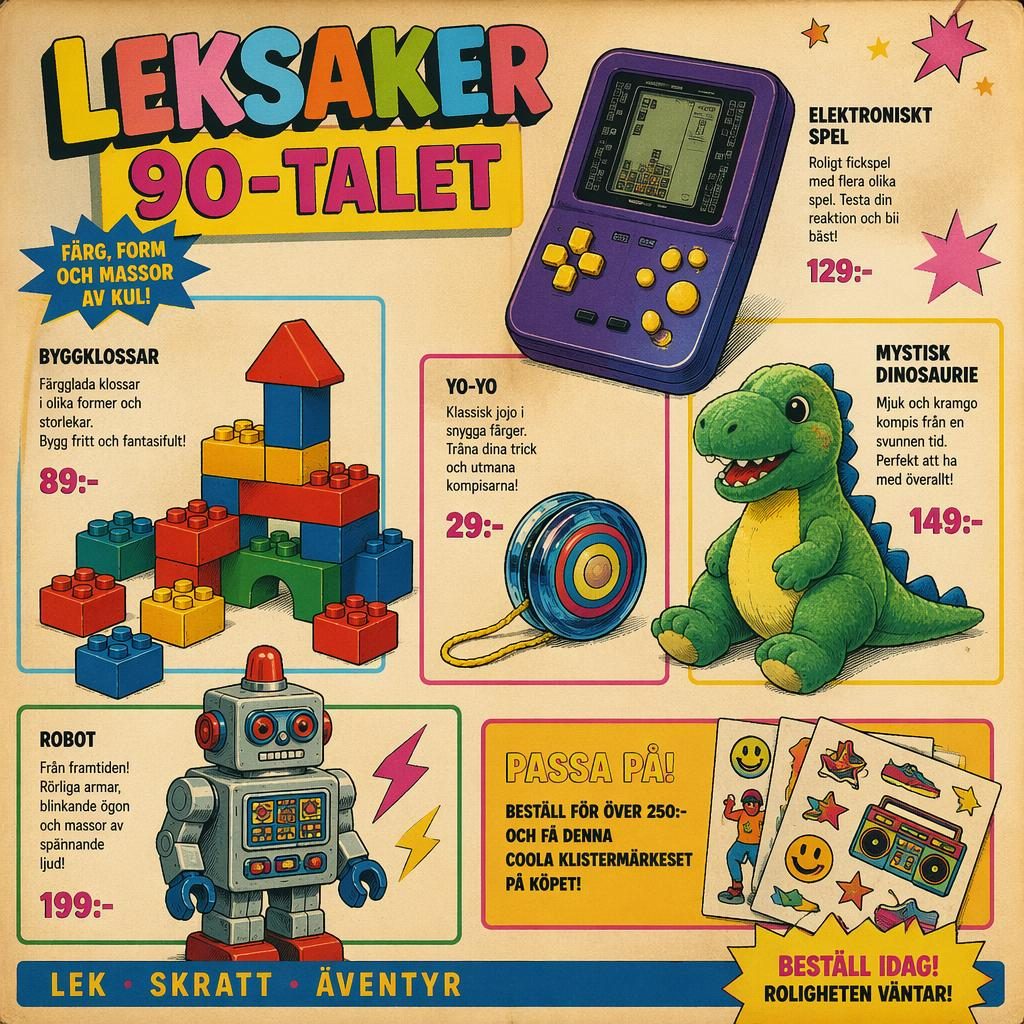 Illustrerad katalogsida med leksaker 90 talet: handspel, byggklossar, jojo, plyschdinosaurie och leksaksrobot.