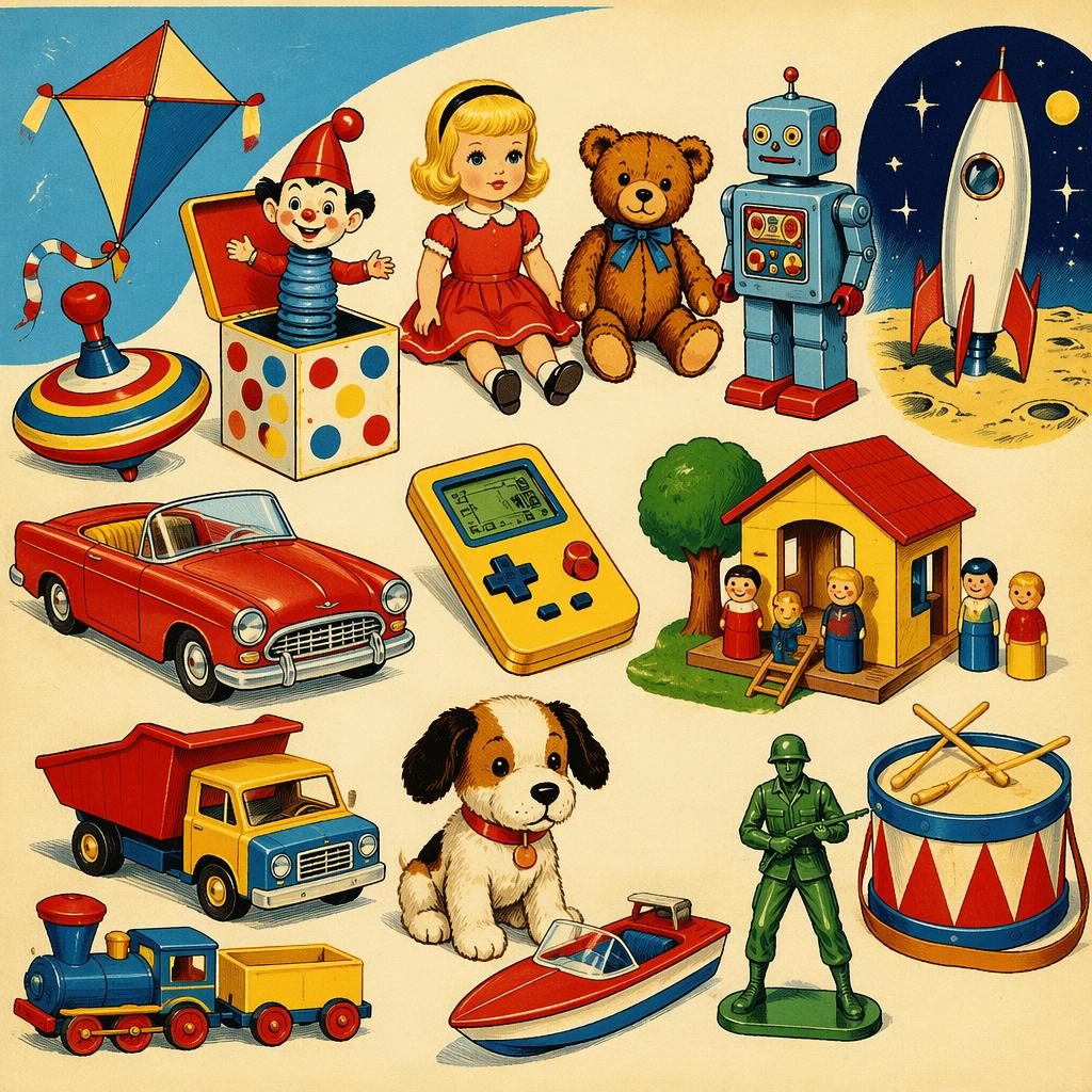 Vintage-style illustration of generic 2000s-inspired toys in a 1960s catalog look with bright primary colors and playful forms.
