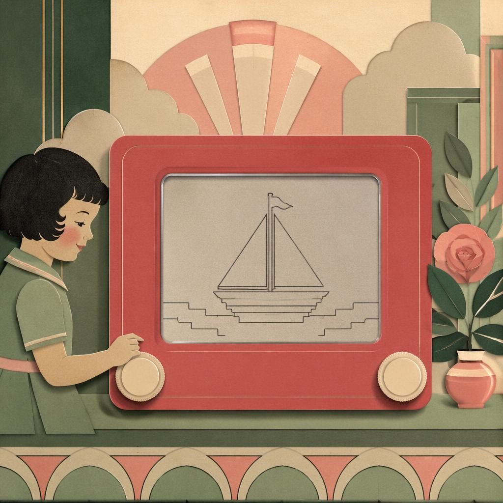 Art deco paper-cut toy illustration of a vintage drawing board in sage and rose, with charming nursery-style shapes.